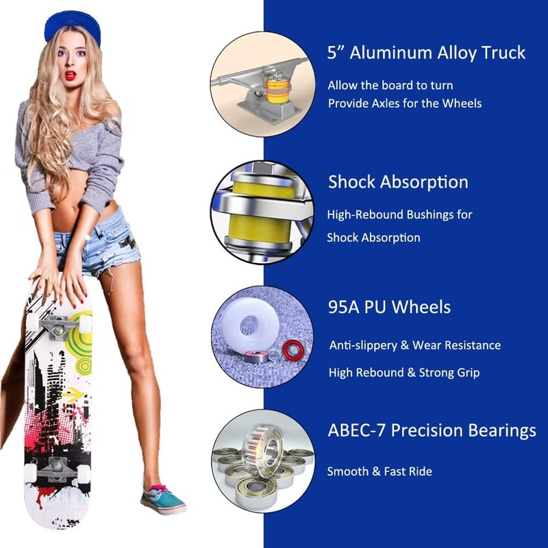 CAPARK Skateboards for Beginners Adults Youths Teens Kids Girls Boys 31 Inch Pro Complete Skate Boards 7 Layer Canadian Maple Double Kick Concave Longboards - Image 4
